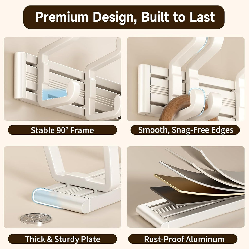 Wall Mounted Coat Hook Rack, 6 Adjustable Sliding Hooks Premium Aluminum Wall Hanger, 2 Mounting Options Self Adhesive & Drilling for Bathroom Bedroom Entryway (Off-White)