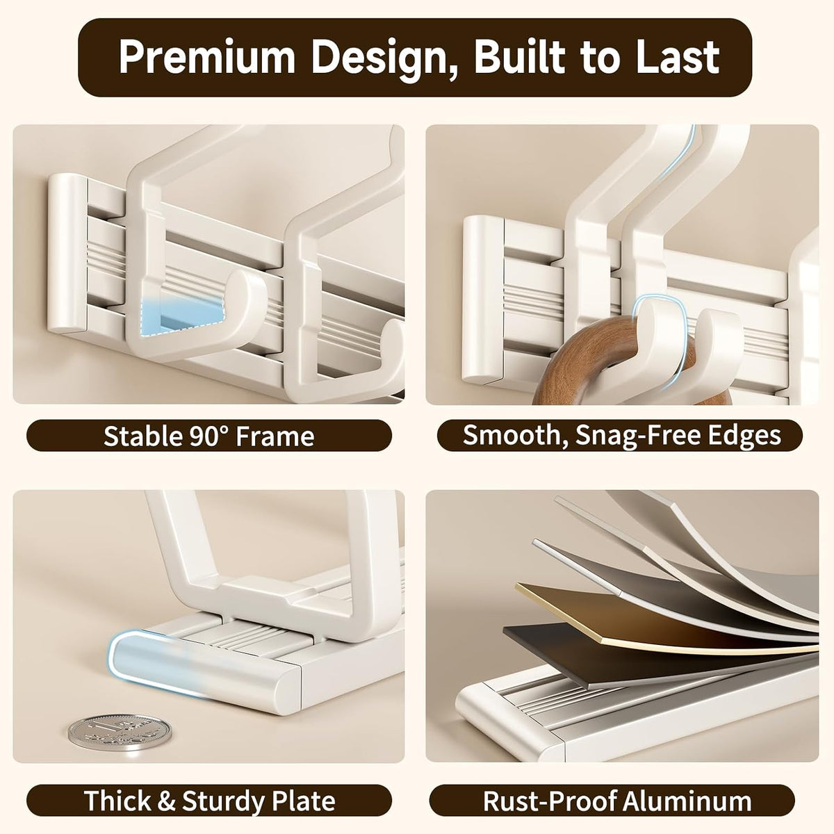 Wall Mounted Coat Hook Rack, 6 Adjustable Sliding Hooks Premium Aluminum Wall Hanger, 2 Mounting Options Self Adhesive & Drilling for Bathroom Bedroom Entryway (Off-White)