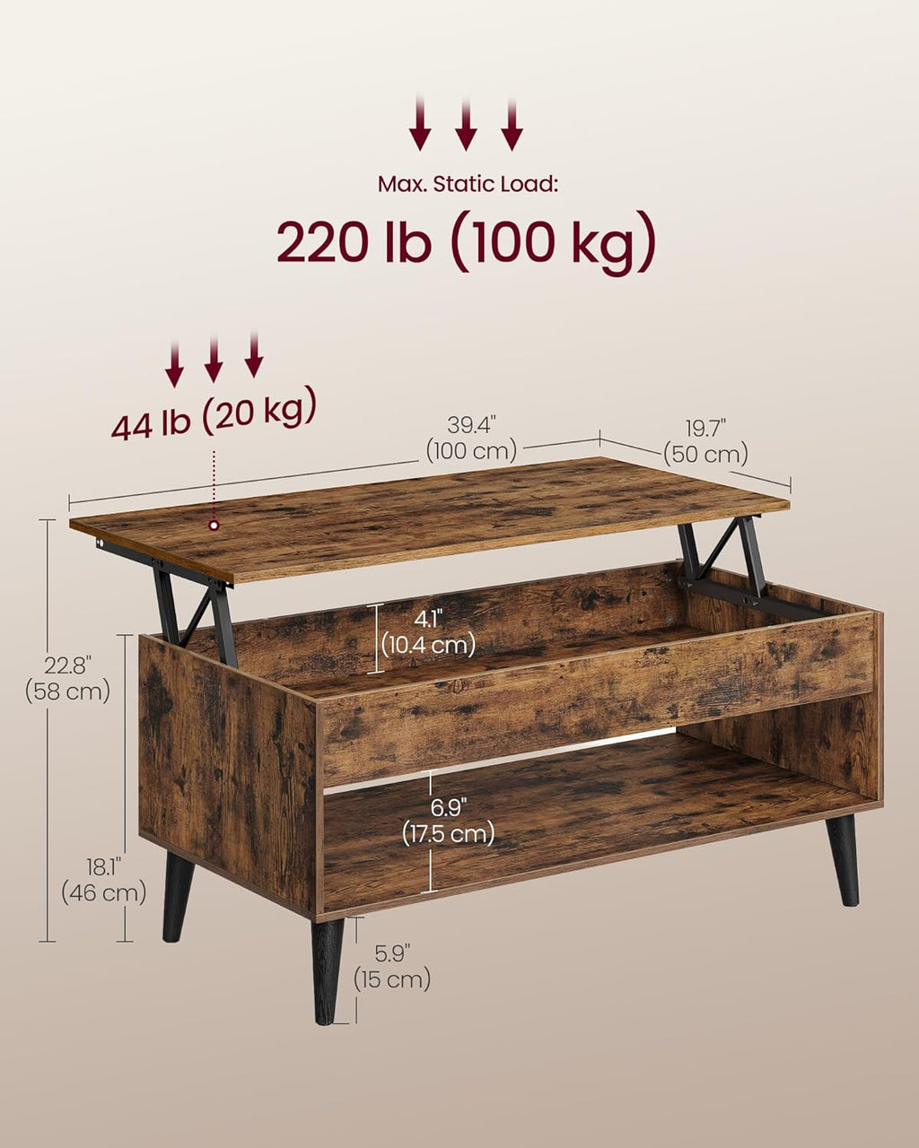 VASAGLE Lift Top Coffee Table with Hidden Storage, Gas Spring