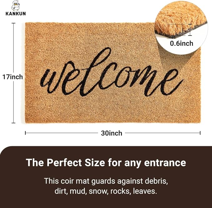 KANKUN Coco Coir Door Mat with Heavy Duty Backing, Welcome Doormat, Doormat - Image 3