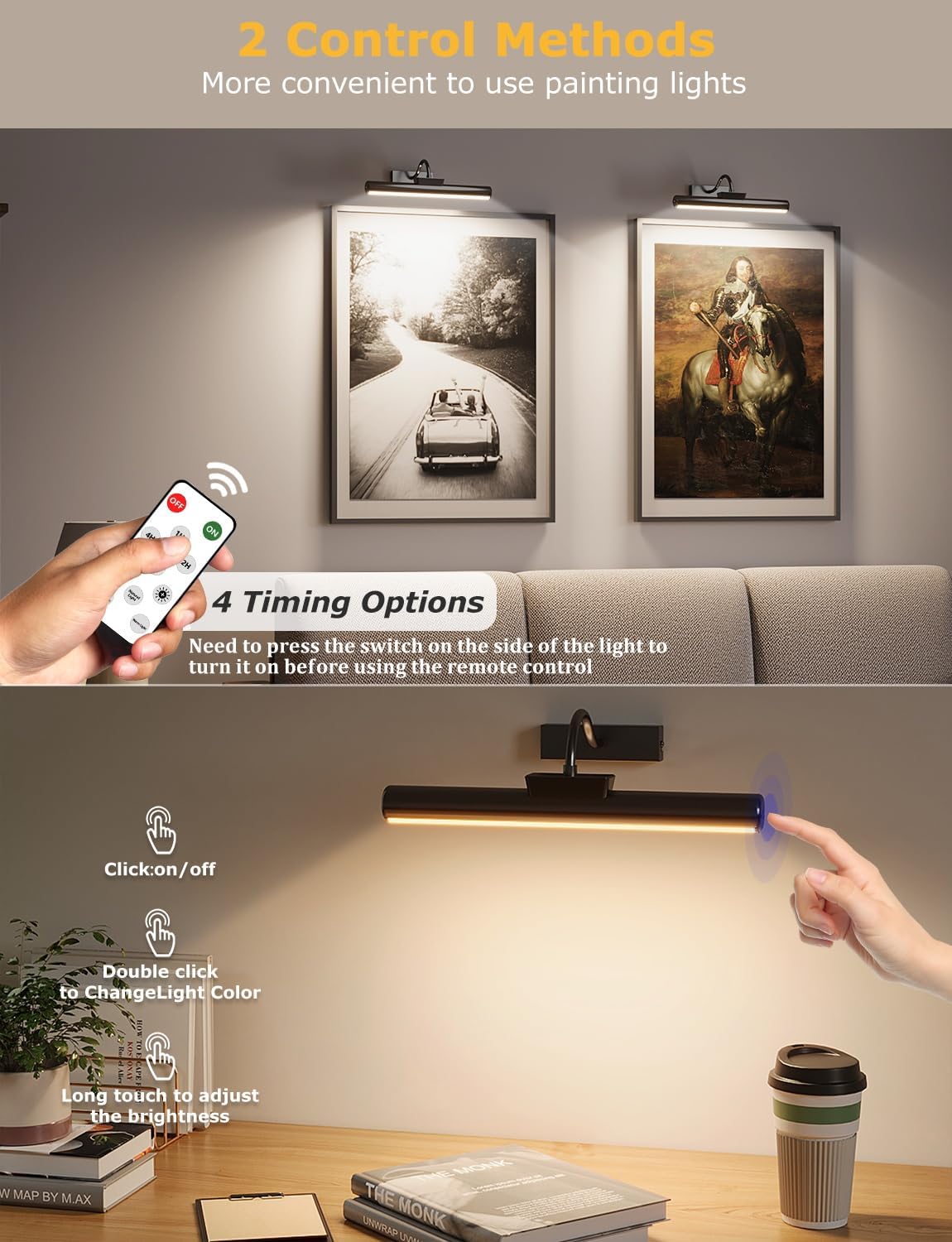13" Wireless Picture Lights for Wall, Rechargeable Art Light, 2Pack Black