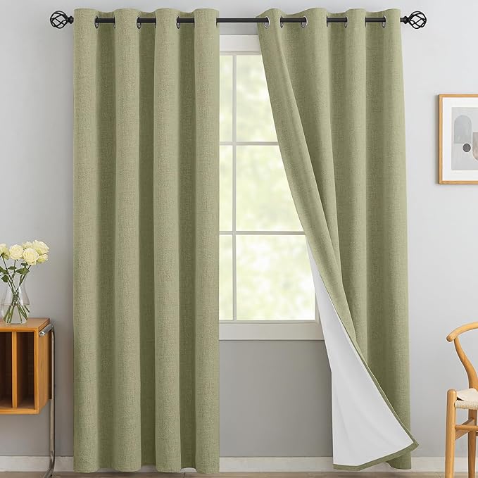 Yakamok Sage Green Linen Curtains 100% Blackout 96 Inches Long, Room Darkening by Yakamok
