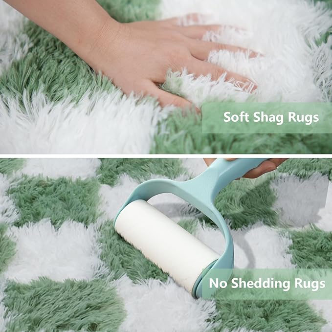Area Rugs for Bedroom Living Room, 6x9 Green and White Fluffy Soft Checkered - Image 4