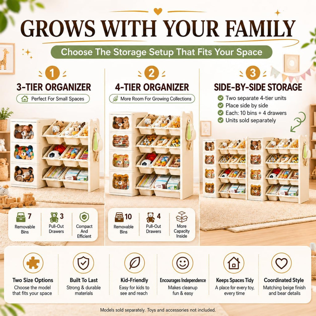 Toy Storage Organizer and Bookshelf with Drawers, Large 3-Tier, Beige