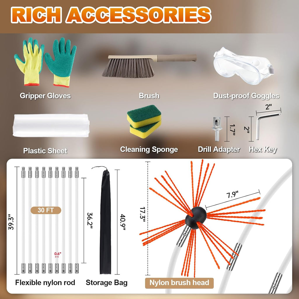 Bluesea 30FT Ergonomic Chimney Sweep Kit, Strong Brush & 9 Flexible Rods