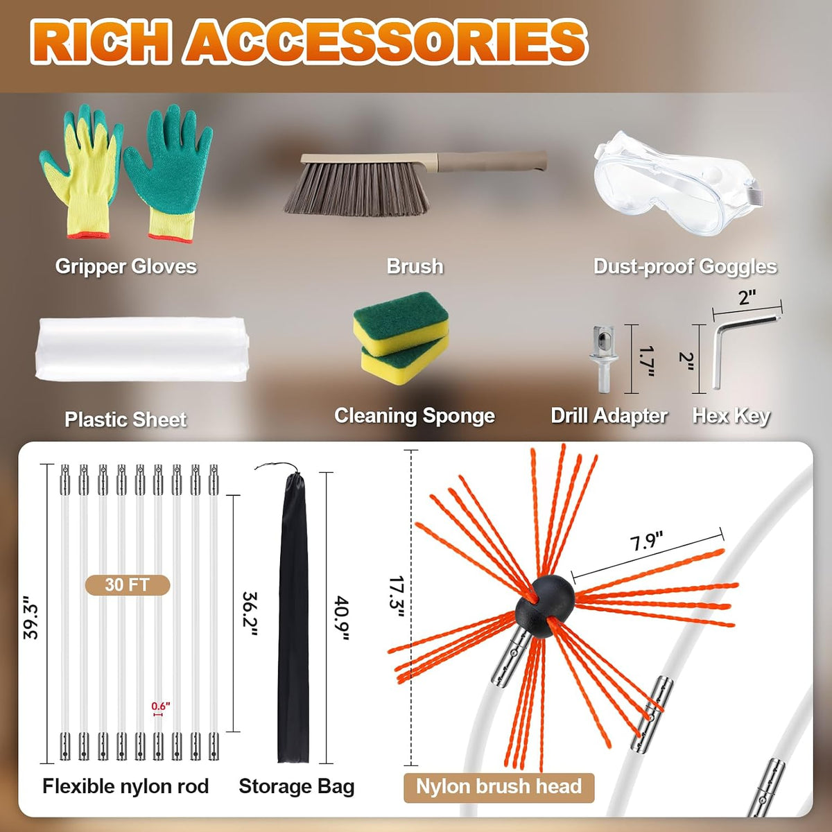 Bluesea 30FT Ergonomic Chimney Sweep Kit, Strong Brush & 9 Flexible Rods