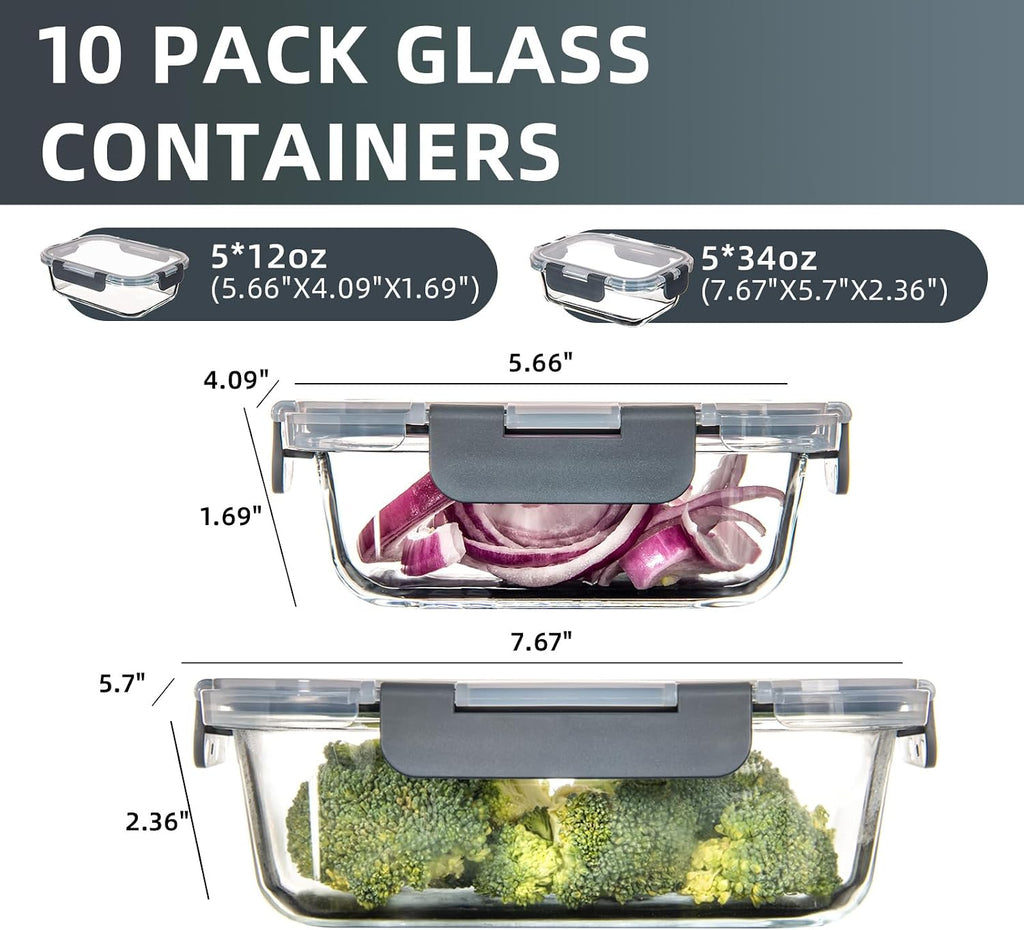 UMEIED 10 Pack Glass Food Storage Containers with Lids for Lunch, On-the-Go, Leftovers, Pantry Organization
