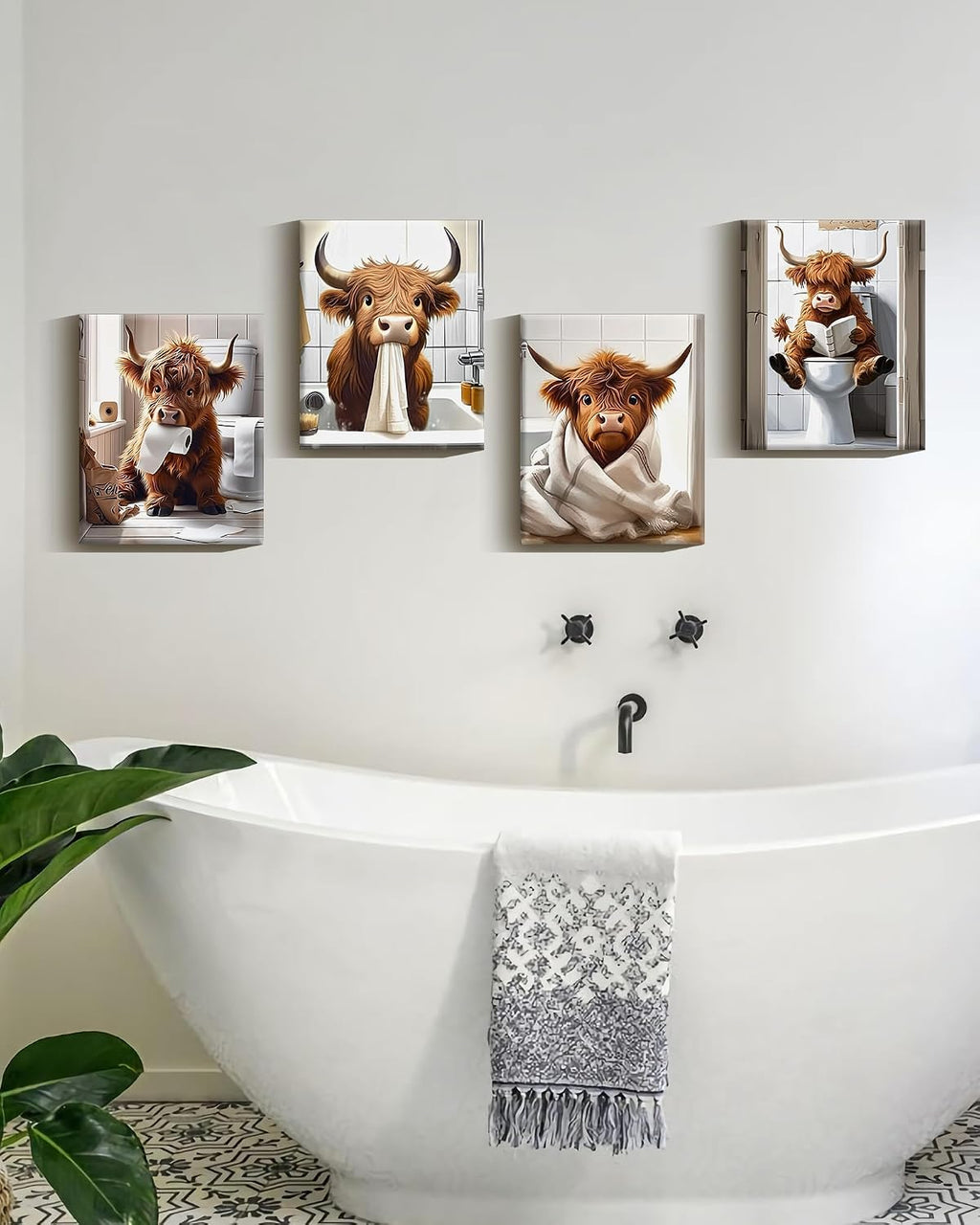 Drsoum Cute Highland Cow Bathroom Framed Wall Art Funny Animal Rustic Canvas Prints for Bathroom Restroom Decor 8x10in (Framed)
