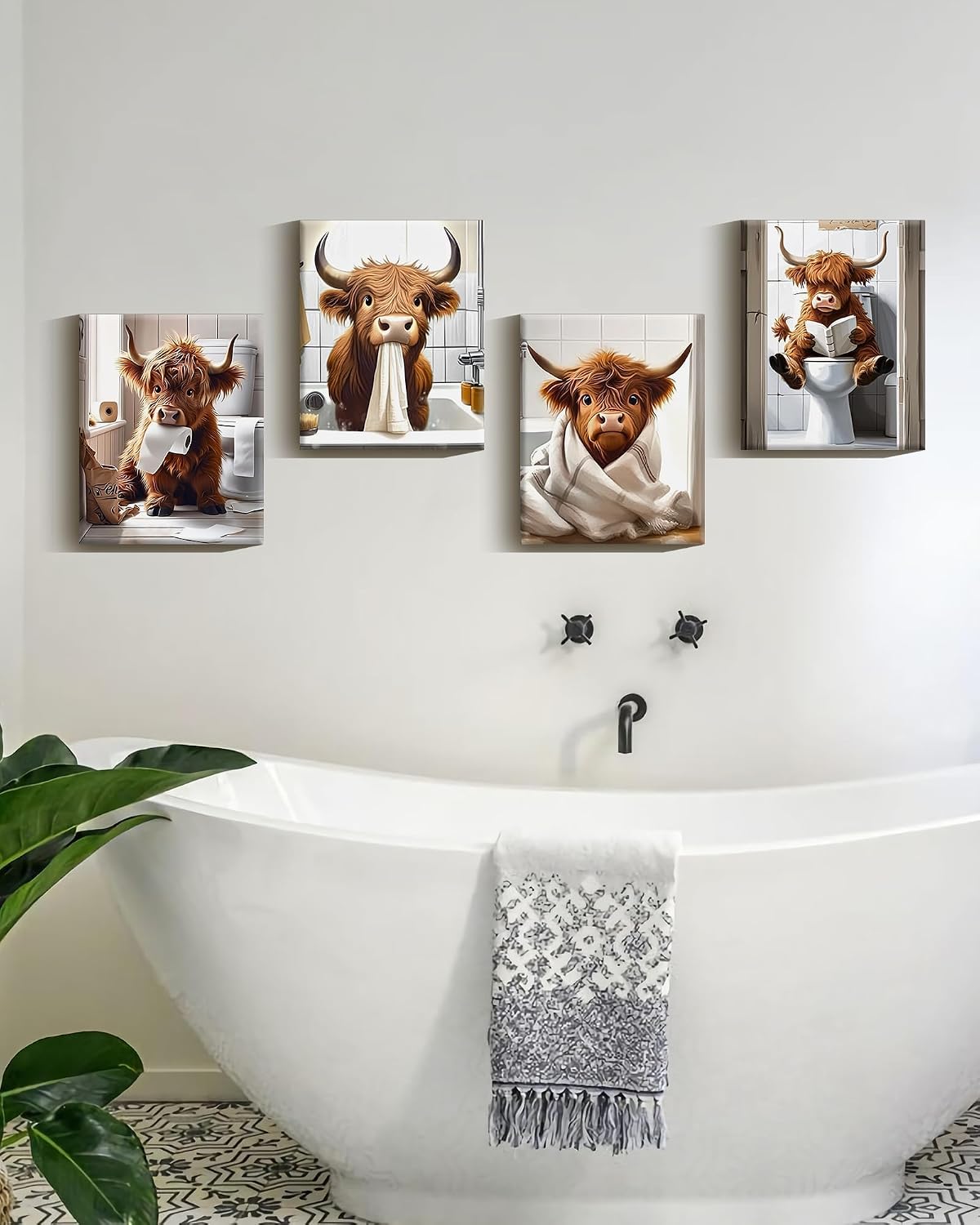 Drsoum Cute Highland Cow Bathroom Framed Wall Art Funny Animal Rustic Canvas Prints for Bathroom Restroom Decor 8x10in (Framed)