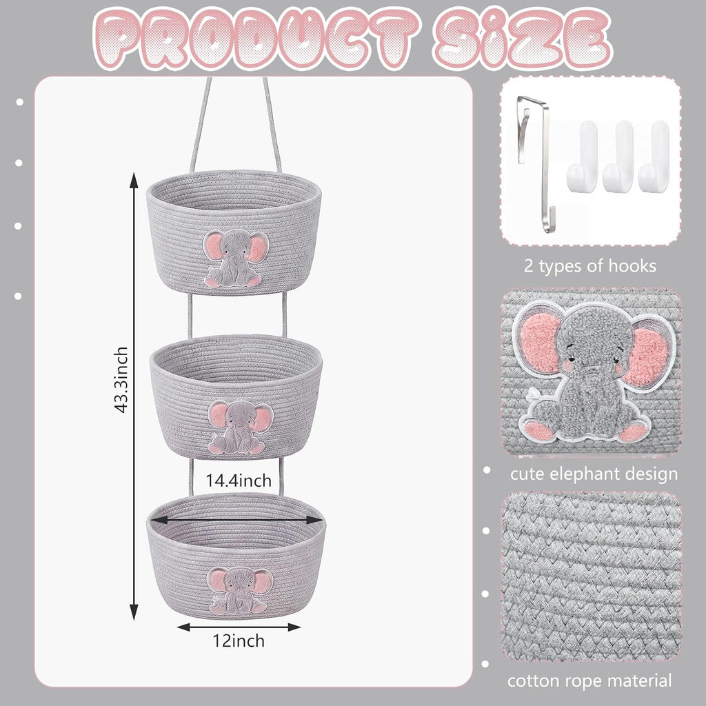 Elephant Nursery Decor Elephant Basket 3-Tier Cotton Rope Hanging Basket Organizer Wall Storage Bin with Hooks, Grey Over Door Decorative Nursery Closet Hanging Accessories