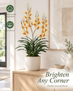 29.5" Artificial Dendrobium Orchid with Black Pot, Orange-Yellow Faux Orchid, Artificial Flowers for Sunroom, Office & Warm Home Accent Decor, Set of 1