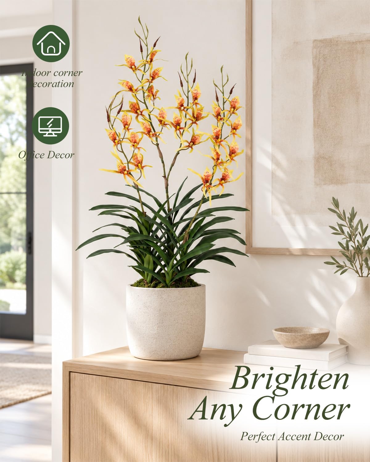 29.5" Artificial Dendrobium Orchid with Black Pot, Orange-Yellow Faux Orchid, Artificial Flowers for Sunroom, Office & Warm Home Accent Decor, Set of 1