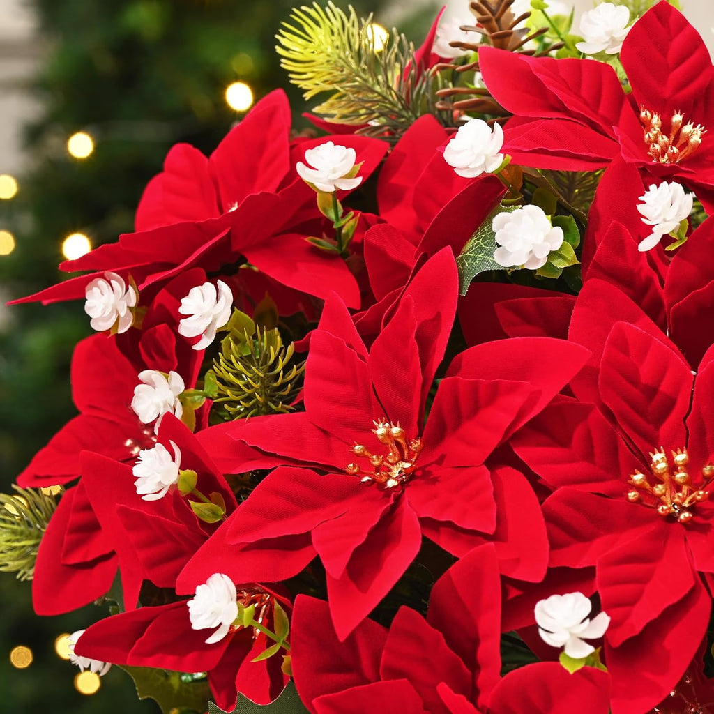 9 Pack Poinsettias Flowers Artificial Christmas Flowers for Outdoors, 14'' Mixed Fake Red Velvet Poinsettias Flowers Faux Eucalyptus Plants Pine Branches UV-Resistant for Vase Garden Porch Home Decor