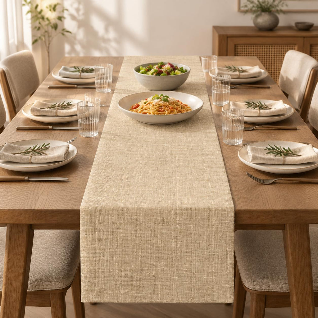 Beige Faux Linen Table Runner Waterproof Elegant Modern Table Decor 72inch