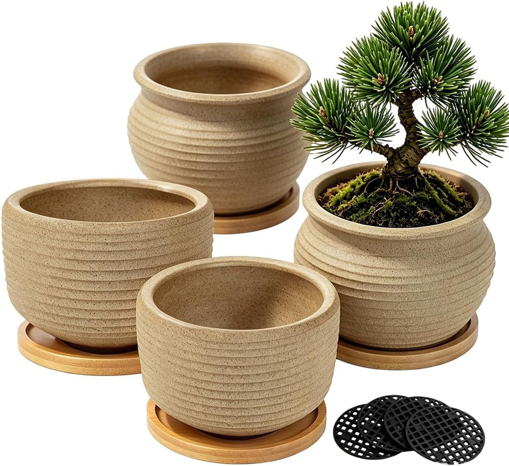MUZHI 8 inch Round Unglazed Ceramic Bonsai Pot with Bamboo Tray, Shallow Plain Pottery Succulent Planter with Drainage Hole (8”)