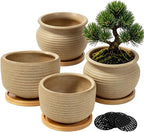 MUZHI 8 inch Round Unglazed Ceramic Bonsai Pot with Bamboo Tray, Shallow Plain Pottery Succulent Planter with Drainage Hole (8”)