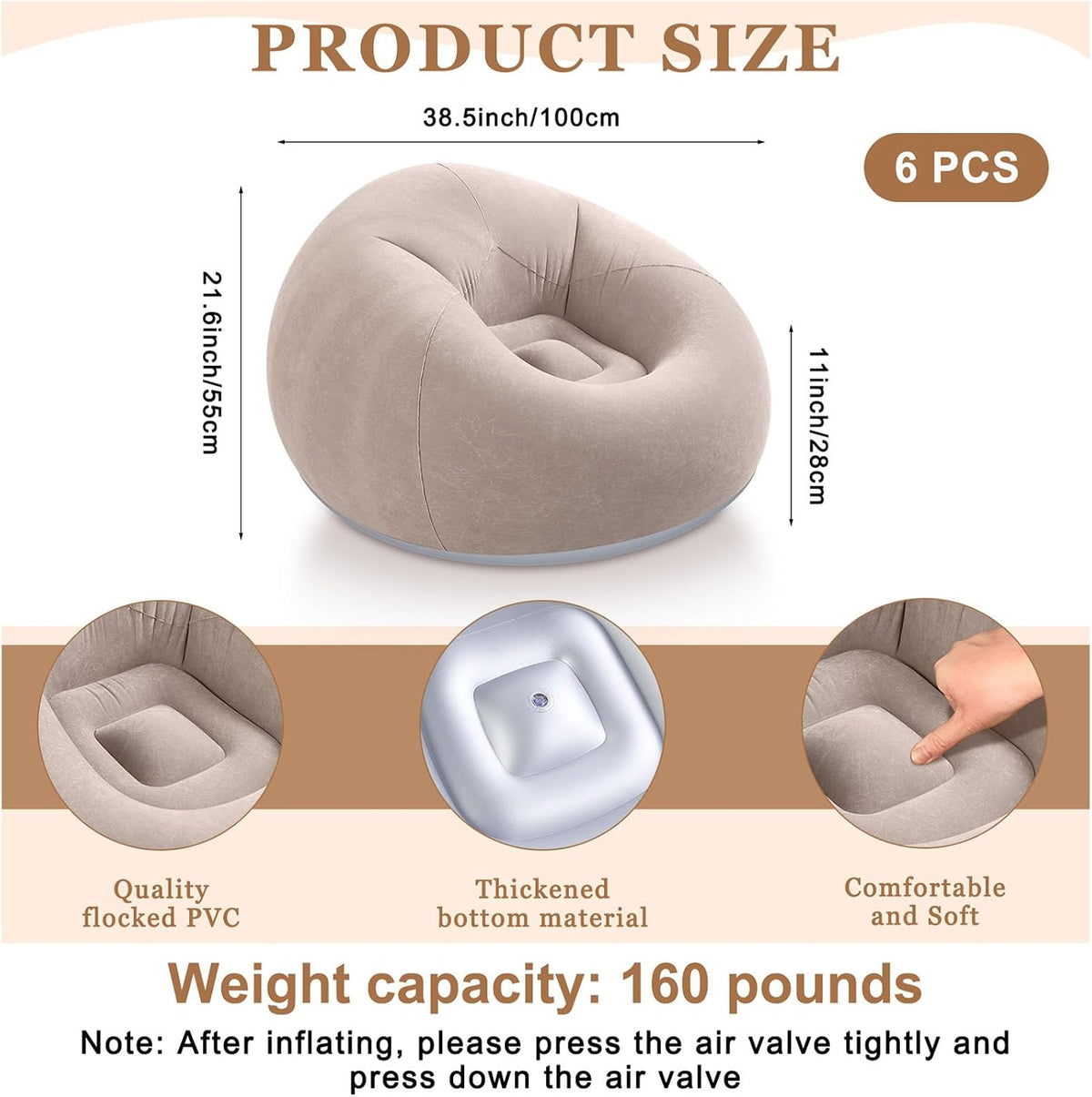 Realspring 6 Pcs Inflatable Bean Bag Chairs, Electric Air Pump, Coffee