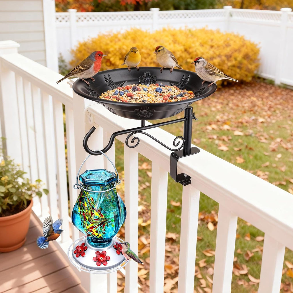 BOLITE Balcony Bird Feeder, Bird Bath with Plant Hook for Outdoors, Black