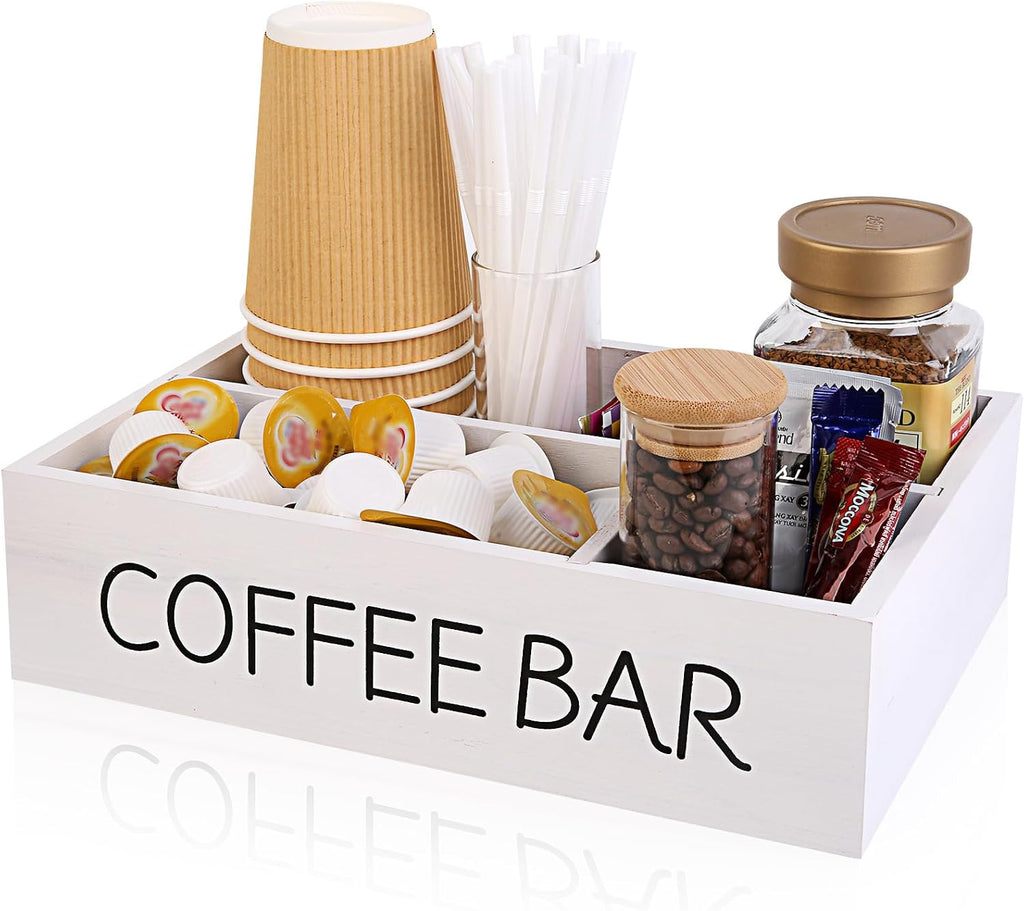 Coffee Bar Organizer – Wooden Coffee Station with 4 Compartments, Removable Dividers, and Condiment Storage for Home & Office
