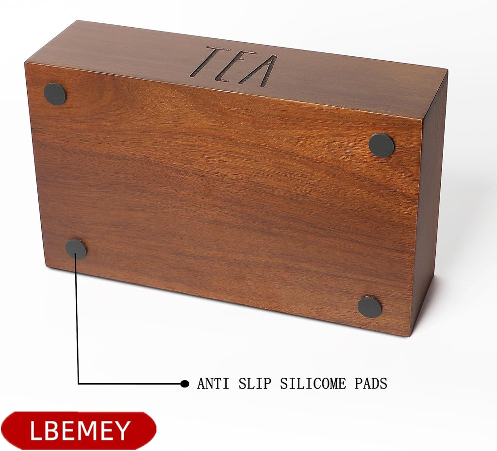 LBEMEY Tea Bag Organizer, Wood Tea Storage Containers with 6 Compartments, Sugar Packet Holder,Tea Bag Caddy Box for Cabinet Countertop Office (Brown- Labeled "TEA")