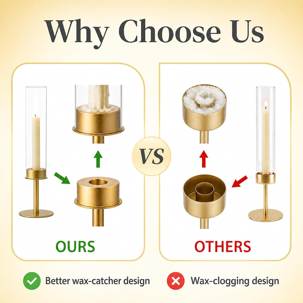 Hewory Gold Candlestick Holders: 3PCS Glass Hurricane with Brass Base