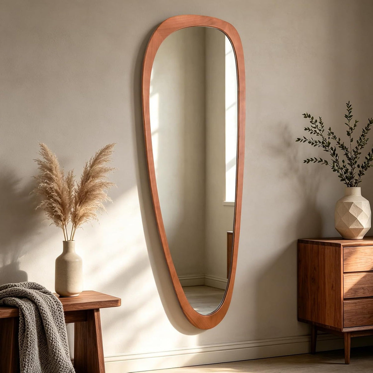 HOMECOOKIN 23 x 19 Asymmetrical Mirror, Irregular Wooden Wall Mirror for Bedroom, Living Room,Entryway– Mid-Century Modern Decorative Mirror, Solid Wood Frame, Pebble Shaped Design (Walnut)