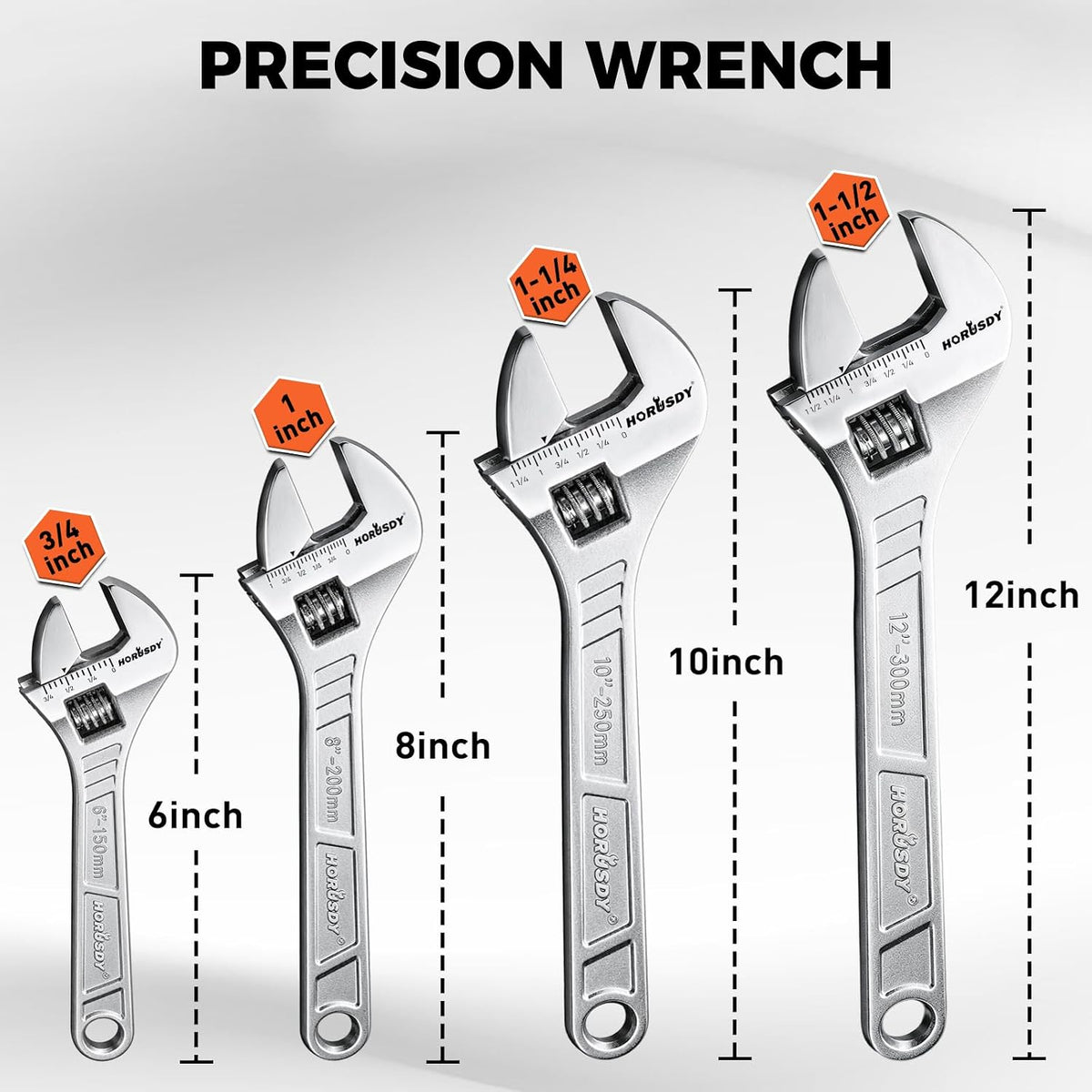 4-Piece Adjustable Wrench Set With 4 Magnetic Wrench Organizer Racks, 6" 8" 10" 12" Wide Jaw Metric & SAE Scales crescent wrench set, CR-V Steel for Home Repair, DIY & Auto Repair