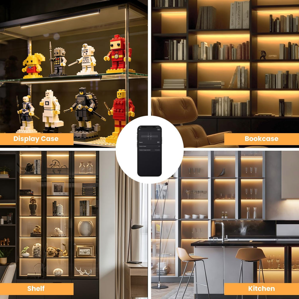 Black Shelf Lights, LED Bookcase Lighting Compatible with Alexa, WiFi Dimmable 2700K Under Shelf Lighting for Bookshelf, Display Case, Cabinets with App, Remote, Memory Function (4Pack 12In)