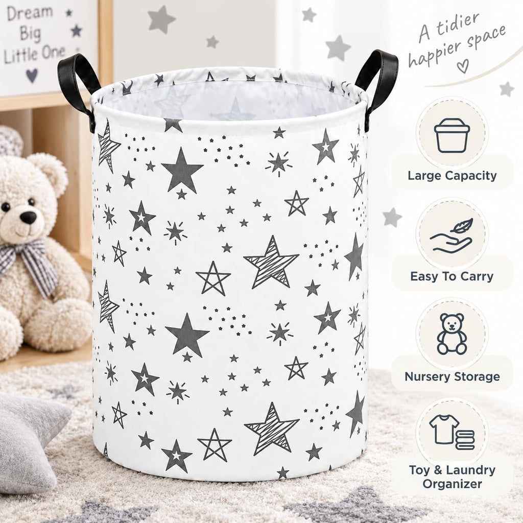 Collapsible Kids Laundry Basket Clothes Hamper, Foldable Storage Organizer Bin, Toy Clothes Storage with Handles for Boys Girls Bedroom, Room Decor Grey Star