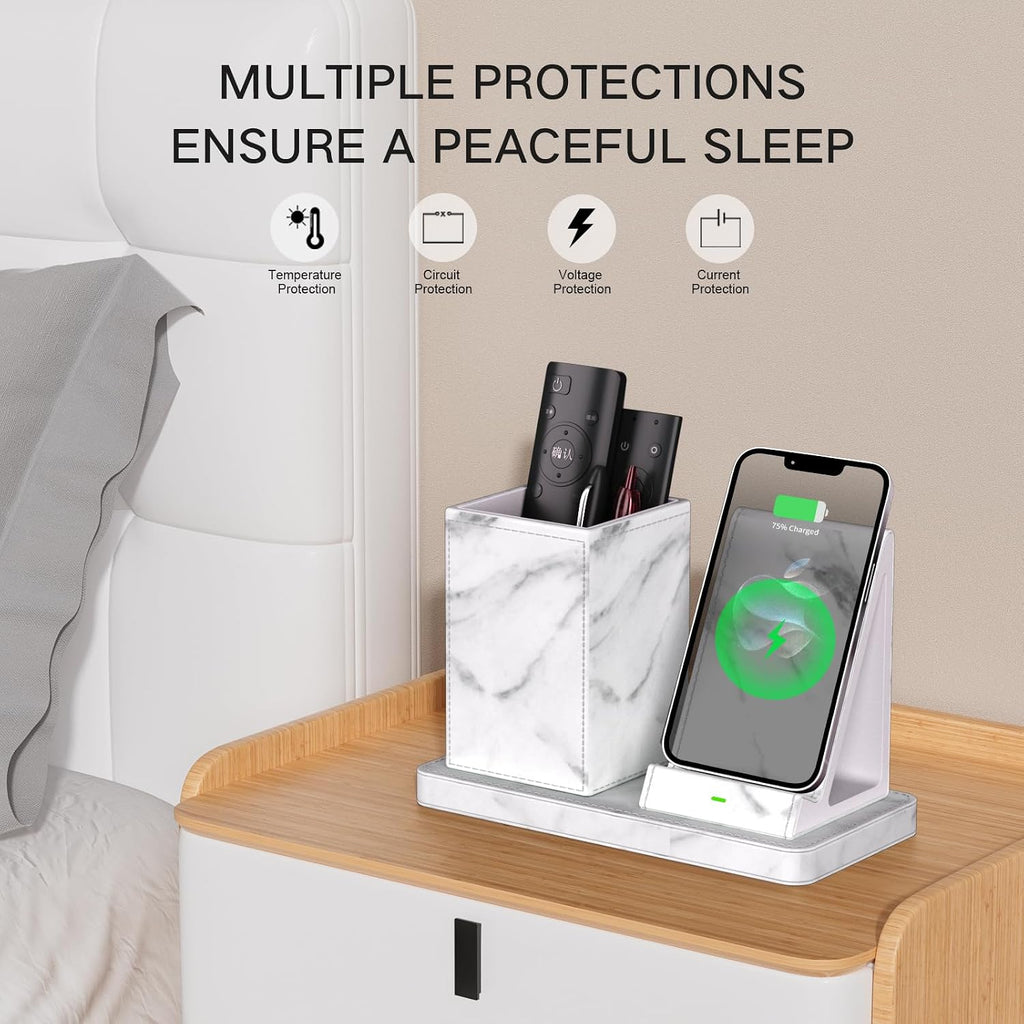 LADSTAG Multi-Functional Pencil Holder for Desk,marble Vegan Leather Organizers with Remote Control Holder,Pencil Holder Desk Organizer with Phone Wireless Charger for Office/Nightstand/Endtable