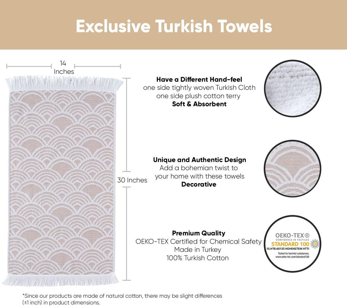 Turkish Hand Towels for Bathroom, Kitchen Towels Decorative Set of 2, Luxury Turkish Cotton Dish Tea Towels 14 x 30 Inches for Modern, Boho, and Farmhouse Decor (Beige Waves)