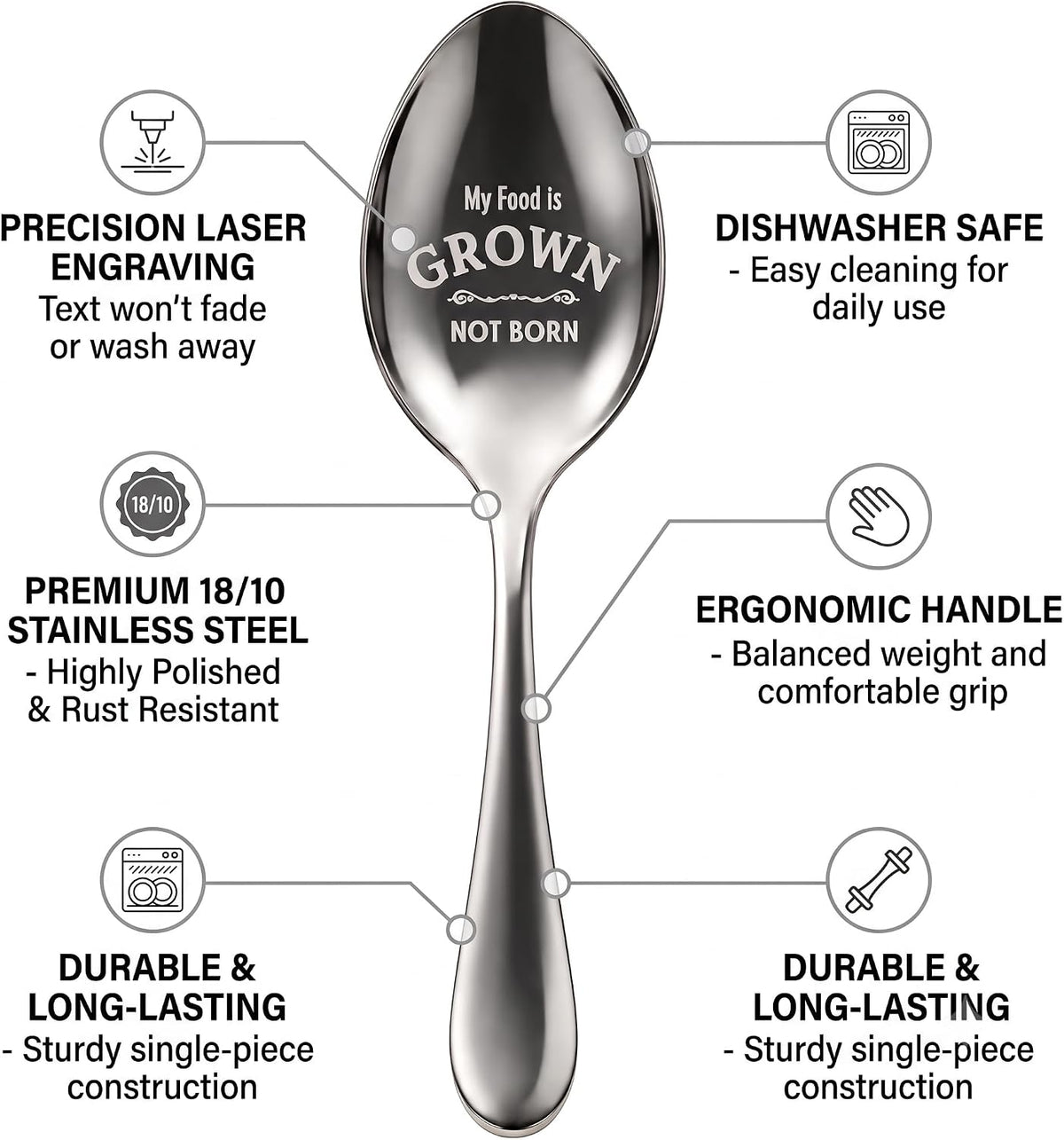 Spoons Silverware, Stainless Steel Coffee Spoons with My Food Is Grown Not Born Design, Reusable Decorative Spoon for Coffee, Tea, Desserts, Breakfast, Dining & Gifting