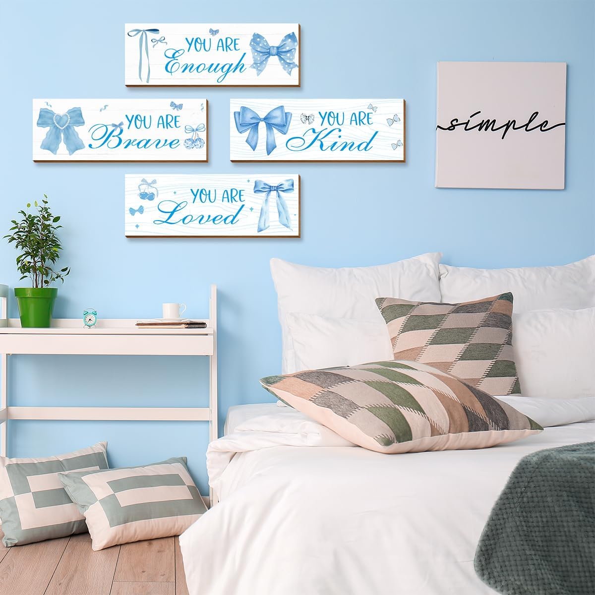 4 Pcs Blue Coquete Bow Room Decor, Teen Girls Trendy Preppy Wall Art Aesthetic for Bedroom Bathroom Decor, Inspirational Positive Affirmations
