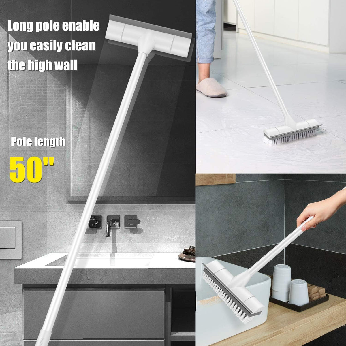 BOOMJOY Floor Scrub Brush with Long Handle, 2 in 1 Scrape and Brush, Stiff Bristles for Cleaning Bathroom, Patio, Garage, Kitchen, Deck, Tile