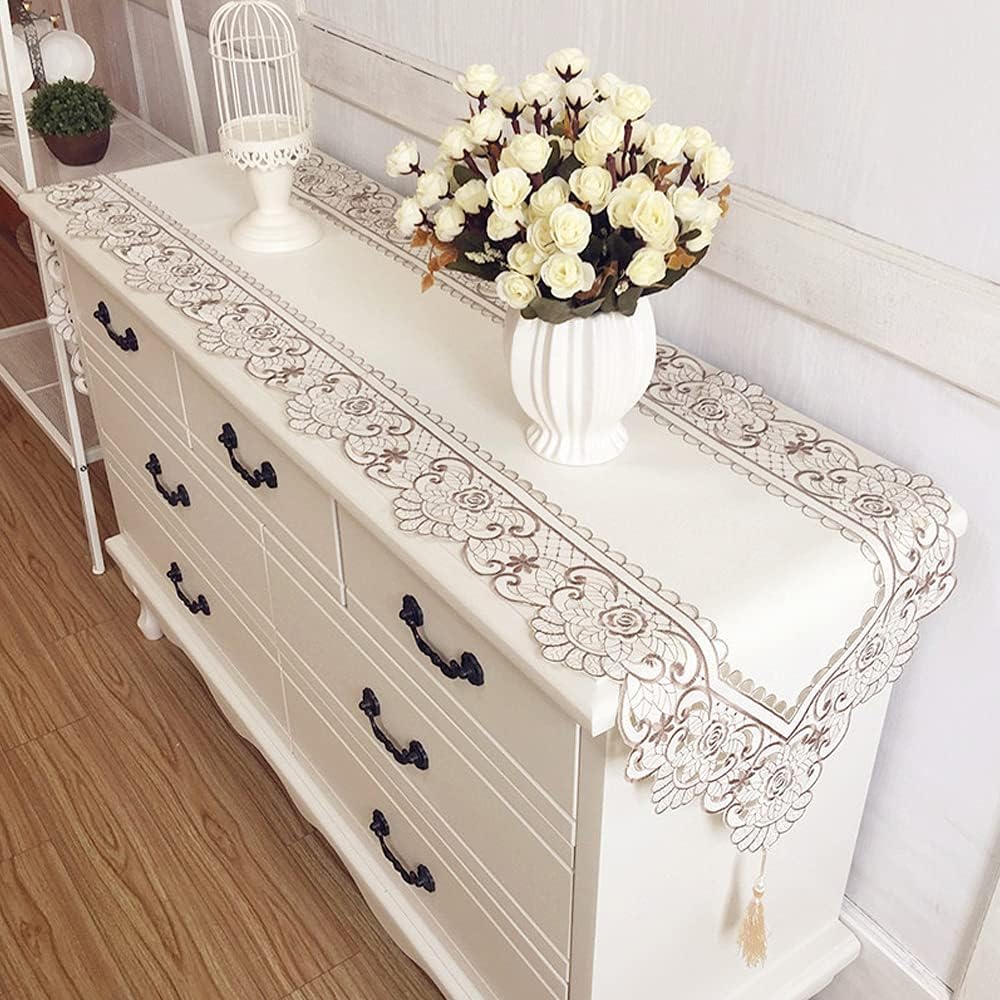 Arzoe Embroidered Lace Table Runner Elegant Vintage Mantel Scarf Dresser Scarves Cabinet Dining Room Table Decoration (Taupe, 16 × 77 Inch)
