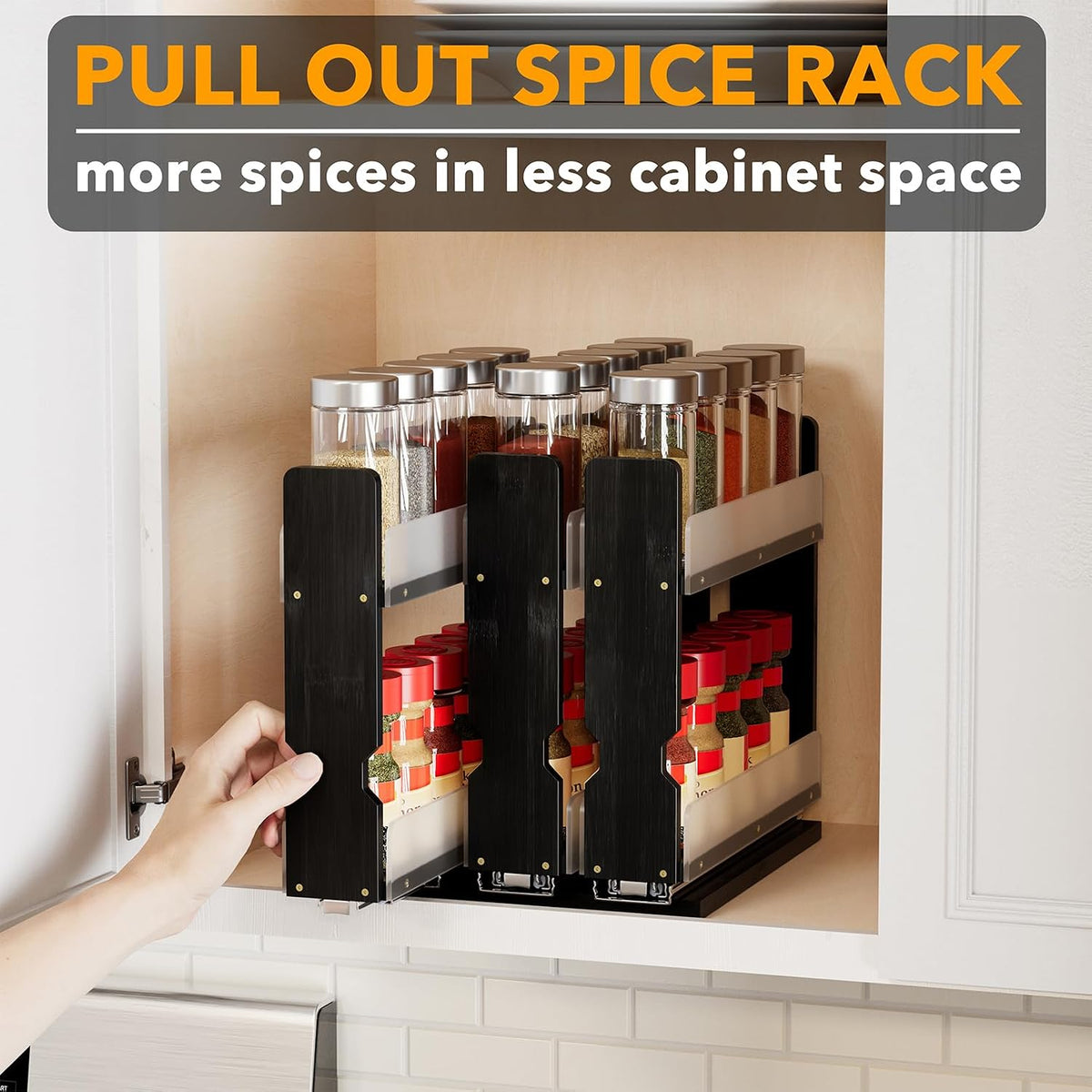 SpaceAid Bamboo Pull Out Spice Rack Organizer for Cabinet, Heavy Duty Slide Out Seasoning Kitchen Pantry Sliding Vertical Organization, 7.6" Wide, 3 Drawers(2" Wide), 2-Tier, Black