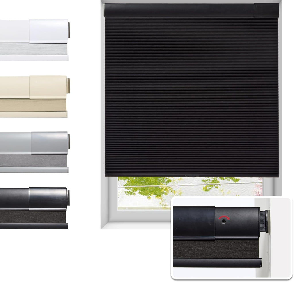Tonature No Drill Cellular Shades for Indoor Windows, Thermal Insulating & Noise Reducing Honeycomb Blinds, Free Stop Cordless Blackout Shades, Black, 34 1/2" W x 64" H