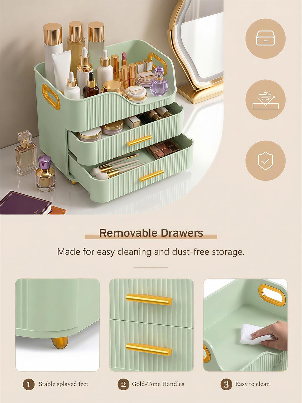 Large Makeup Organizer for Vanity, Bathroom Countertop, Green