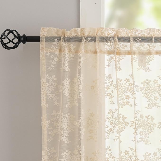 YJ YANJUN Vintage Lace Curtains 24 inch Length 2 Panles Short Sheer Cafe - Image 3