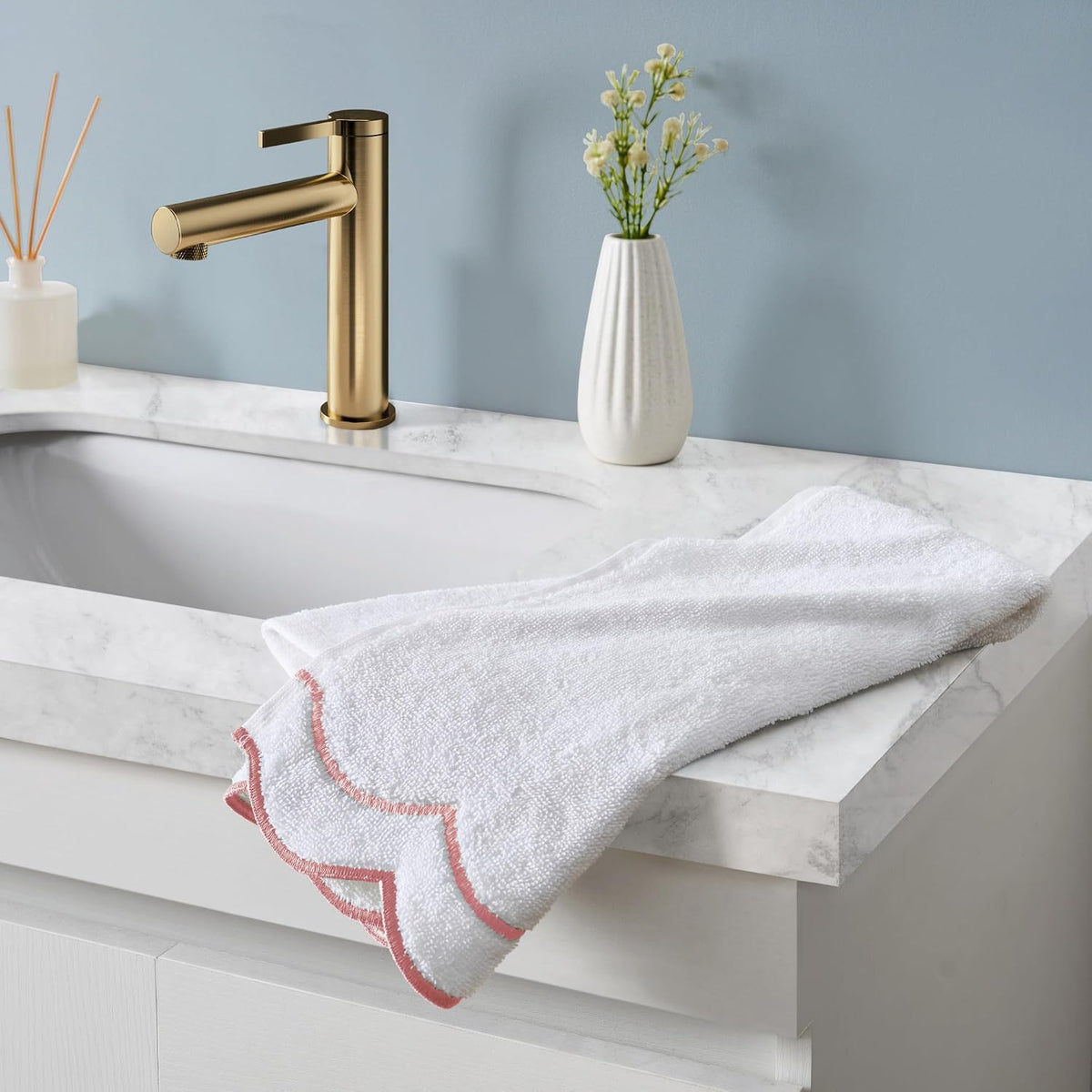 Peri Home 100% Cotton Hand Towel for Bathroom, Embroidered, Soft & Absorbent, 500 GSM, 1 Piece, 16" x 27", White with Blush Scallop