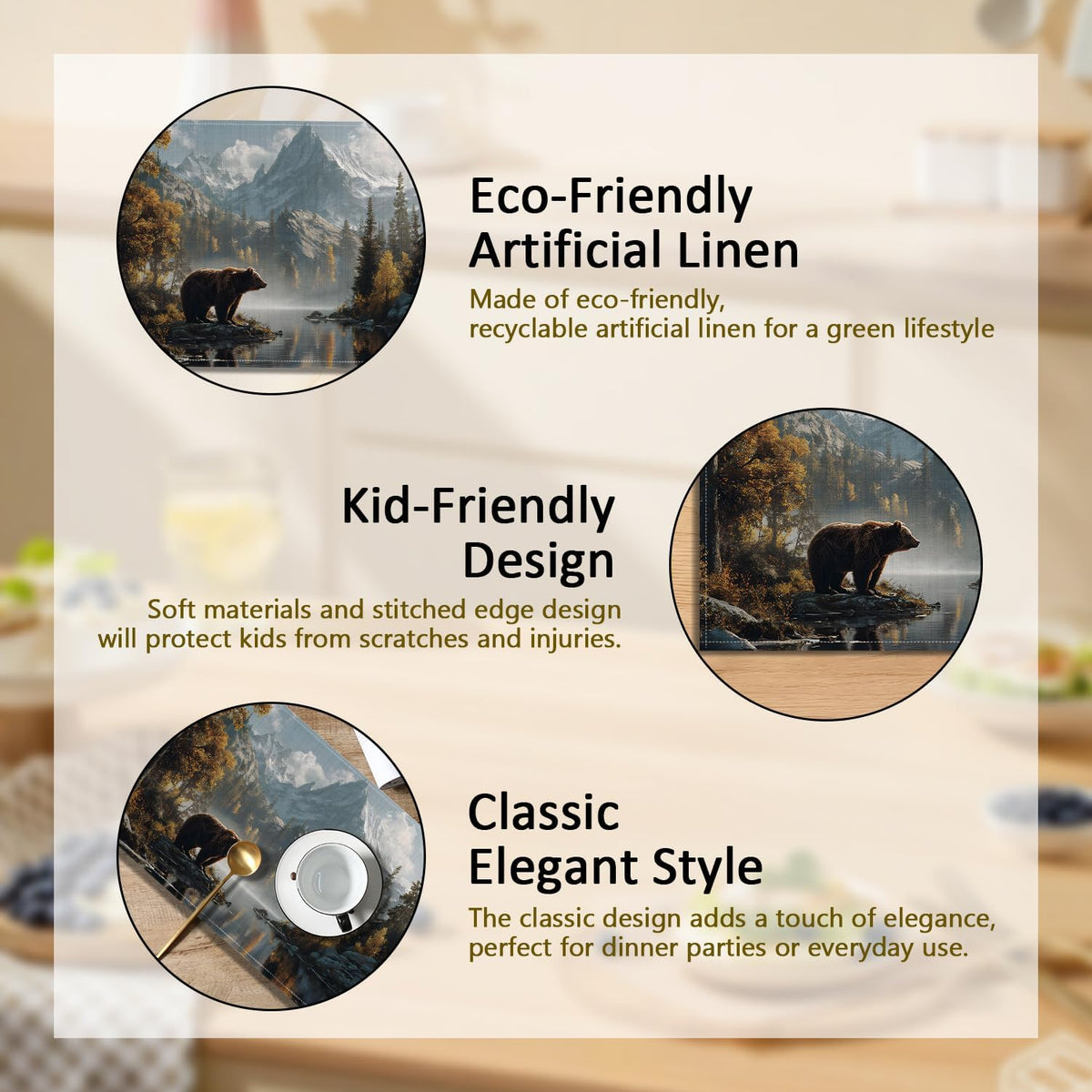 Bear Forest Mountain Placemats Set of 6, Rustic Wild Animal Linen Place Mats Farmhouse Washable Stain Resistant Table Mats for Home Party Kitchen Dining, 12x18 Inch