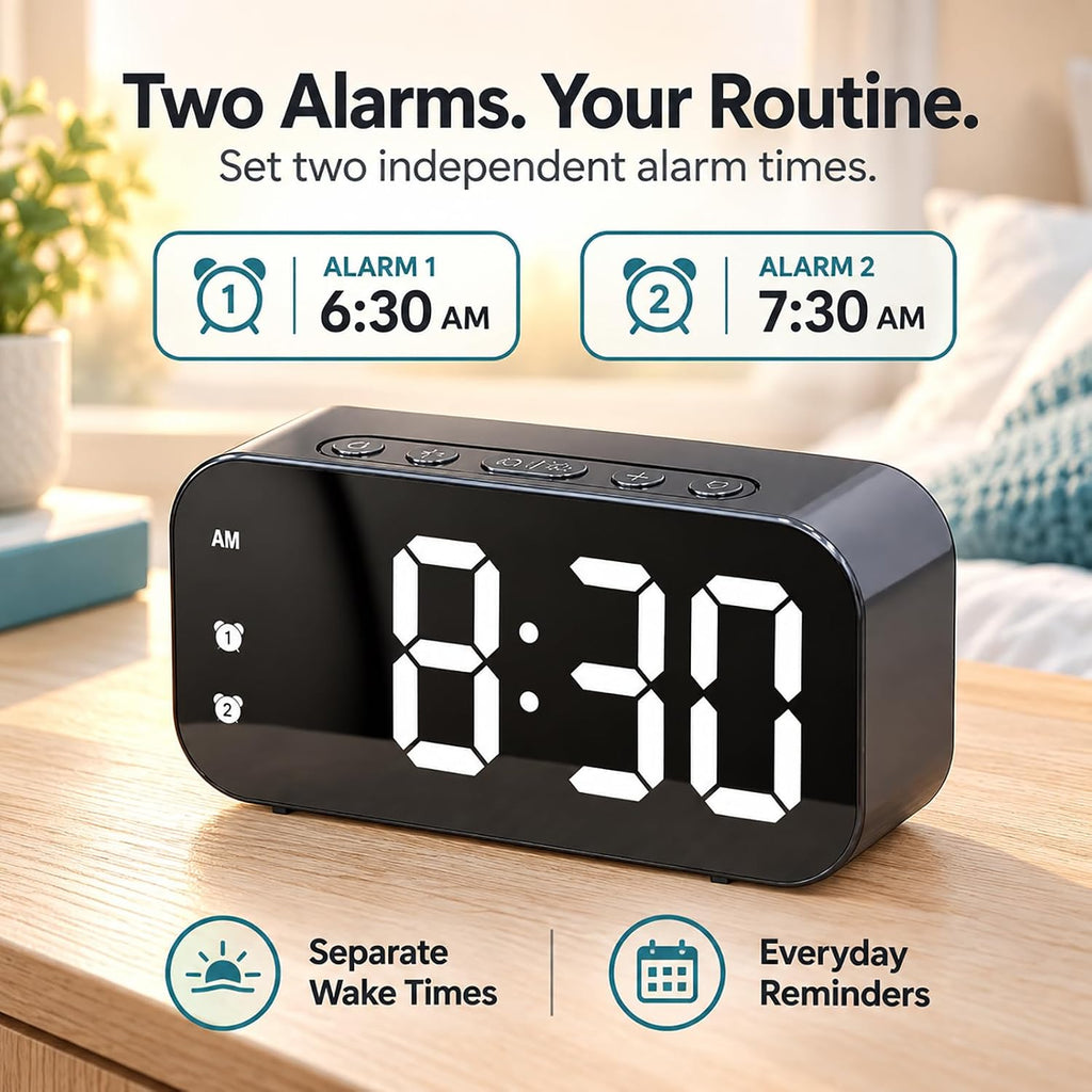 Alarm Clock Small Digital Desk for Bedrooms Bathroom Battery Operated Bedside Travel Powered Teens with Backup Simple Loud Nightstand Mini Large Display Table Desktop Office Shelf Seniors Portable LED