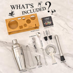 Bartender Kit Cocktail Shaker Set with Stand Bar Tool Bar Set for Drink Mixing Home Bartending Kit 11-Piece Bar Cart Accessories: Martini Shaker, Mixer Spoon, Jigger, Muddler, Strainer & Recipes Gifts