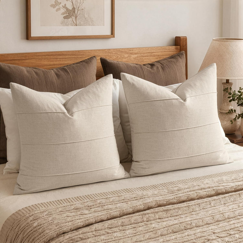 MIULEE Decorative Linen Throw Pillow Covers 20x20 Natural Beige Striped