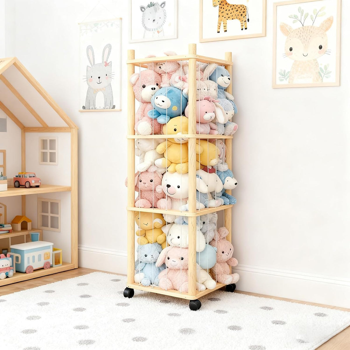 Stuffed Animal Zoo Storage with Lockable Wheels, Natural Wood