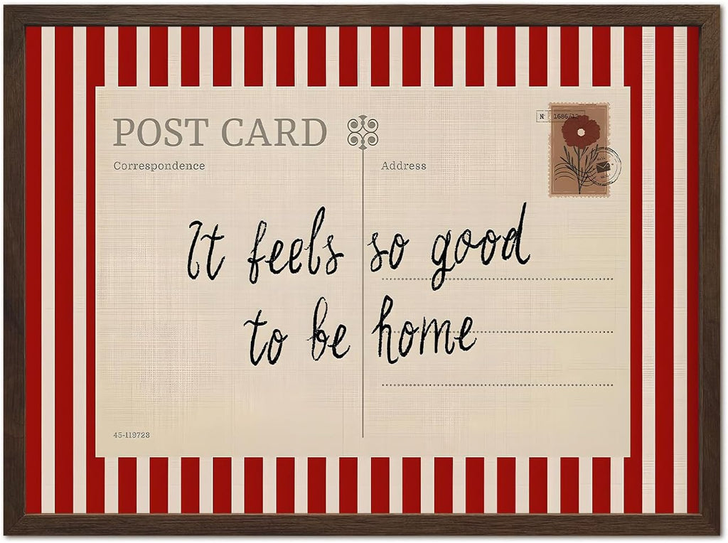 Vintage It Feels so Good to be Home Wall Art Mid Century Positive Quote Postcard Decor Picture, Trendy It's so Good to be Home Striped Poster Canvas Print 12x16 inch Walnut Wood Framed