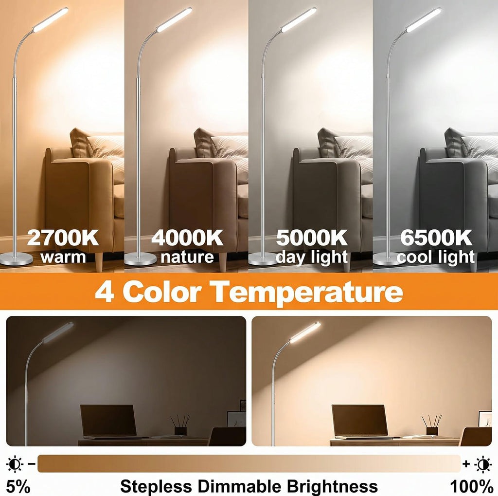 marctronic Silver Modern Floor Lamp, 18W 1800LM Bright LED, Touch Control & Memory Function, Dimmable Timing Eye-Caring Lamp for Office/Bedroom