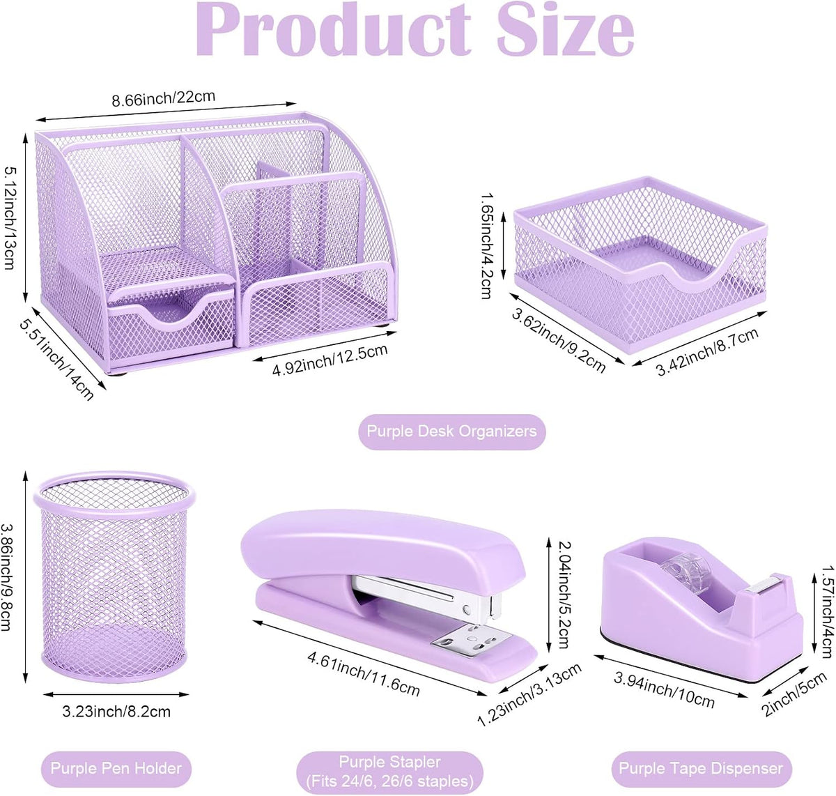 Purple Mesh Desk Organizer and Accessories, Purple Office Supplies 7 Compartments Desk Organizer with Stapler,Tape Dispenser,1000 Staples,Pen Holder,Staple Remover,Clips,Ruler,Scissors