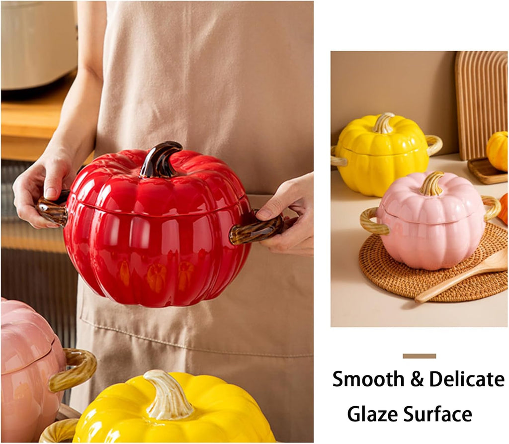 Dutch Oven Pot with Lid, Pumpkin Pottery Dessert Saucepan, Mini Baking Dish Cute Pumpkin Bowl, Covered Dutch Oven Ceramic Stockpot, Pumpkins-Shaped Casserole (Yellow)