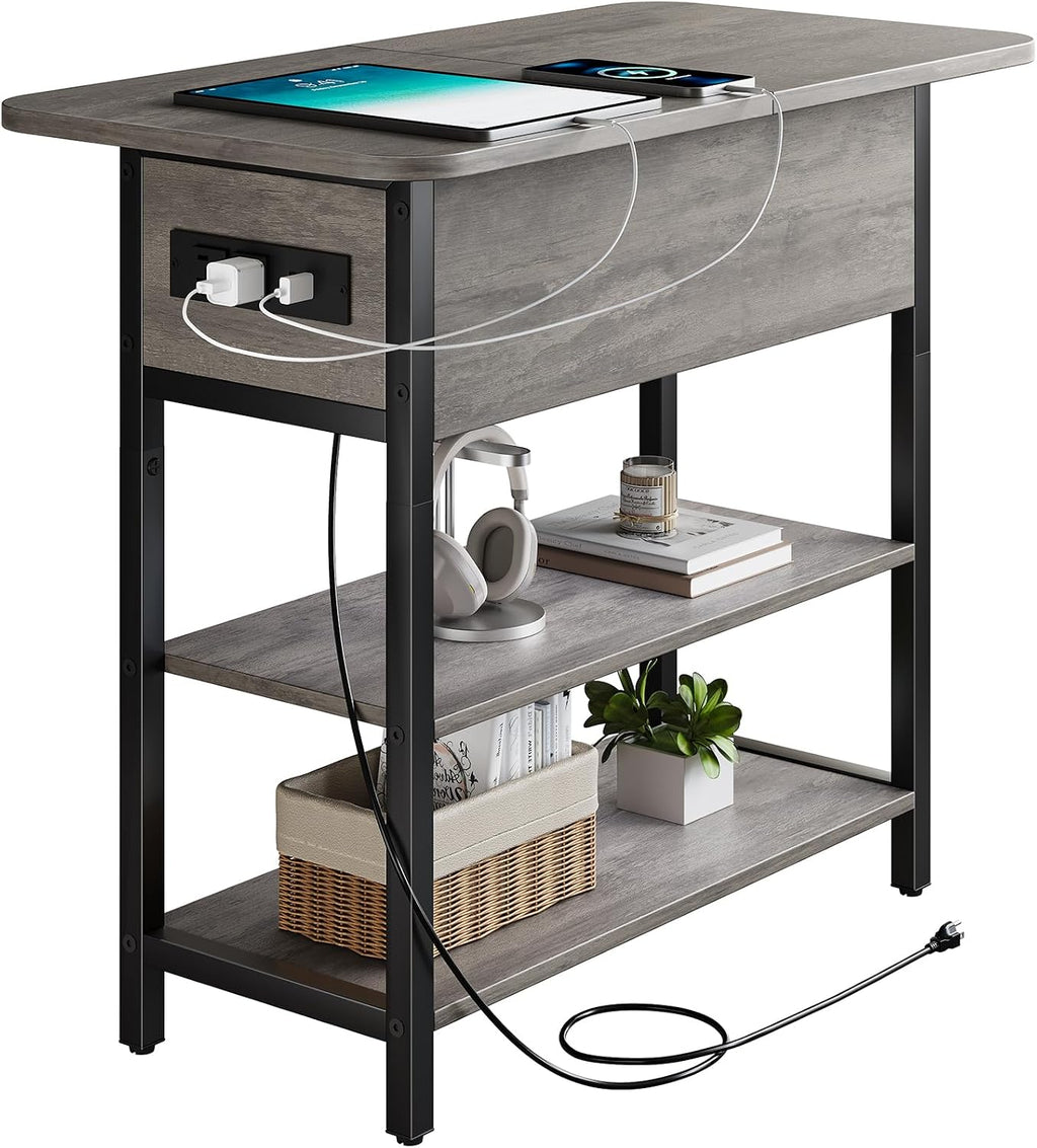 Yoobure End Table with Charging Station, Flip Top Side Table with USB Ports and Outlets, Sofa Couch Table Bedside Table for Living Room Bedroom, Narrow Nightstand with Shelves for Small Space Gray